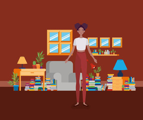 young afro woman standing in the library room