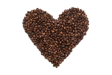 Coffee beans heart shape. Isolated on white background.