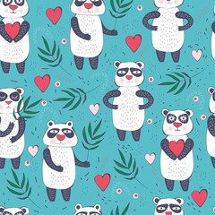 Seamless background with cute and funny pandas in baby style. Drawing with hands. Happy Panda smiles and holds his heart and eucalyptus. Vector illustration with animals. 