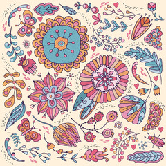 Floral set of vector colors.Graphic collection with leaves, herbs, beetles, butterflies and flowers, drawing elements. Bright theme design for invitation, wedding or greeting cards. Folk style. Boho.