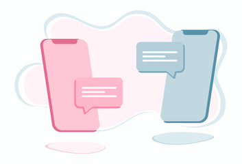 Male and female smartphones with text messages chat. Online dating app relationship. Couple in love texting.