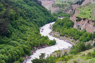 Fototapeta na wymiar Beautiful distant view of mountain river in summer
