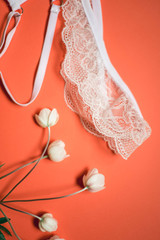 White lace panties on a coral background. Female underwear for the bride with delicate flowers on an orange background.