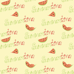 Summer seamless pattern with slices of watermelon and inscription Summertime on bright background. Textile print, wallpaper or backdrop with repeating elements in yellow, red, green, black colors.