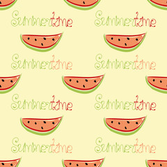 Summer seamless pattern with slices of watermelon and inscription Summertime on bright background. Textile print, wallpaper or backdrop with repeating elements in yellow, red, green, black colors.