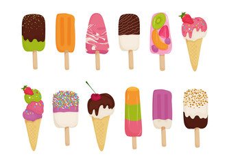 Set of ice cream with chocolate, fruit, nuts, pistachios, strawberries, cherries, kiwi, orange. Illustration in cartoon style on white background for menu, banner, flyer, poster.Vector