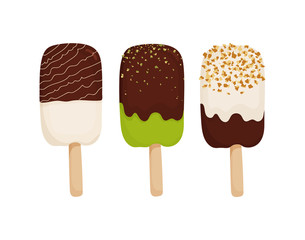 Set of ice cream with chocolate, nuts and pistachios. Illustration of ice cream in cartoon style on white background for menu, banner, flyer, poster. Vector