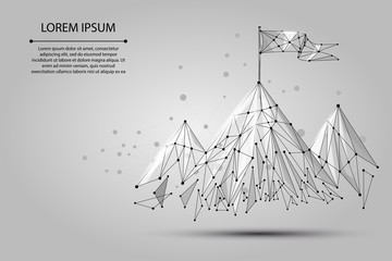 Low poly wireframe Flag on the top of mountain. Success in business, top or goal symbol