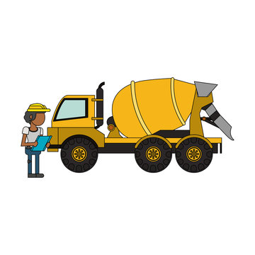 Construction worker with vehicle cartoon faceless