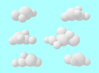 Cartoon clouds on a blue colored background. Bright abstract illustration of simple shapes. 3D rendering.