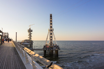 the Hague (den Haag), the Netherlands, Holland,, April 20, 2019. Scheveningen is a long, sandy beach, an esplanade, a pier, a ferris wheel and a bungy tower. The beach is popular for sports, walk