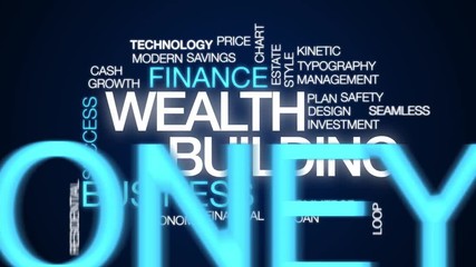 Wealth building animated word cloud. Kinetic typography.