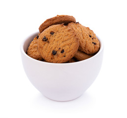 Chocolate chip cookie in bolwl on white background