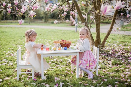 Two cute little blonde girls of 3 years old are playing in the park near a blossoming magnolia. Tea drinking. Easter.