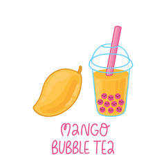 Bubble tea with tapioca pearls and mango fruit isolated on a white background. It can be used for menu, banner, poster and other marketing materials. Vector Image.