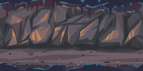 Le chemin traverse l& 39 arrière-plan du jeu de la grotte sombre labourable horizontalement, un endroit sombre et vide avec des parois rocheuses en vue latérale, une illustration dangereuse de donjon