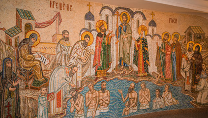 A detailed view with frescoes from the Byzantine Orthodox church. Appearance of the Orthodox Church...