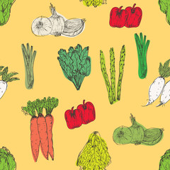 Seamless pattern with hand drawn vegetables background. Organic herbs and spices, Healthy food drawings pattern vector illustration.