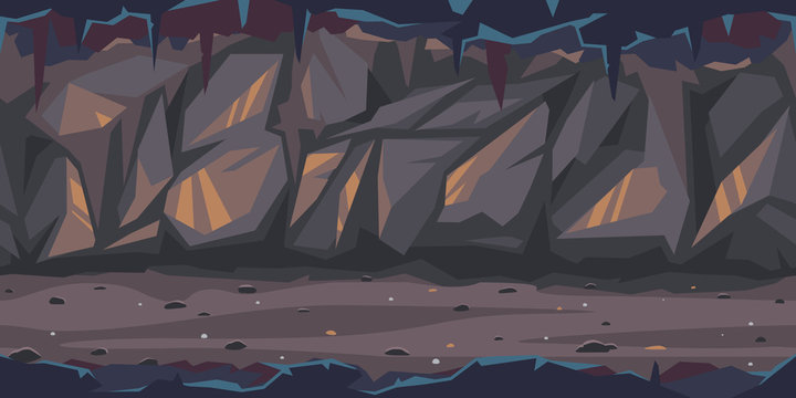 Path is crossing the dark cave game background tillable horizontally, dark terrible empty place with rock walls in side view, dangerous dungeon illustration