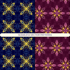 Vector seamless patterns with yellow, blue, pink and red and blue ornament elements. print for textiles, wrapping paper, wallpaper design, packaging design.