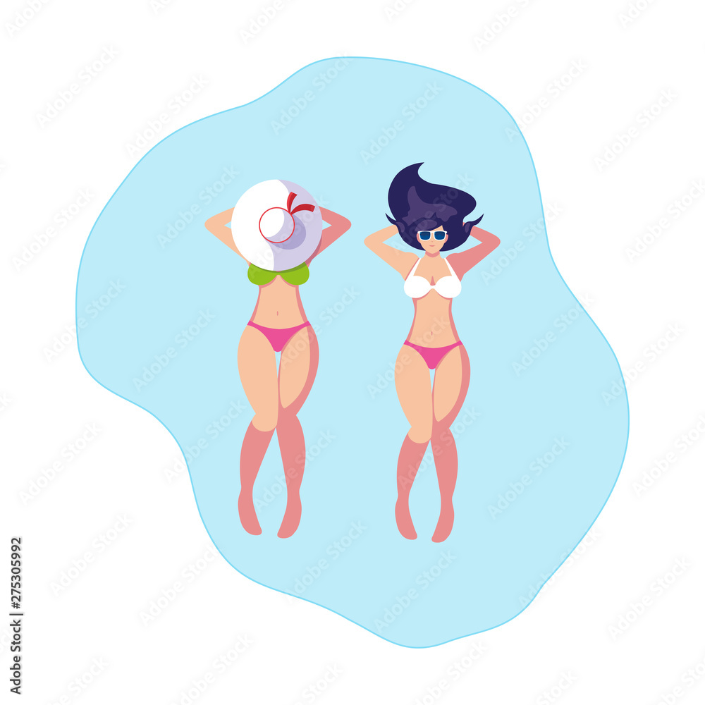 Poster beautiful girls couple with swimsuits floating in water