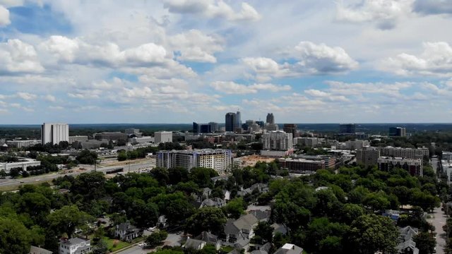 Drone shot of downtown Raleigh NC and surrounding area