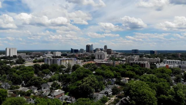 Drone shot of downtown Raleigh NC and surrounding area