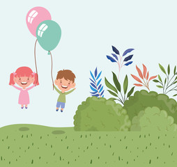 happy little kids with balloons helium in the field landscape