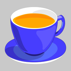 Flat drawing of a Cup and saucer . The blue mug is filled with tea. Tea party. Isolated, grey. Vector