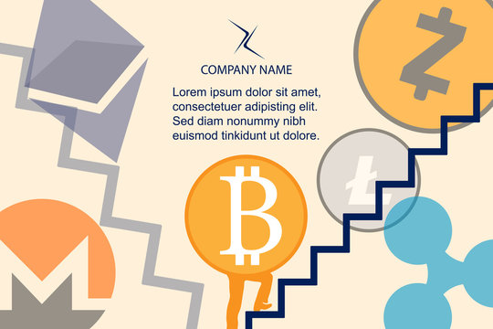 Background template for bitcoin, cryptocurrency, stock trading, business and financial companies. Image of a coin with legs walking up the stairs. Modern vector illustration with main basic altcoins.