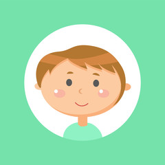 Boy portrait view, smiling teenager in flat style isolated on green, emotion of kid, child in casual clothes, sticker of little person in round icon vector