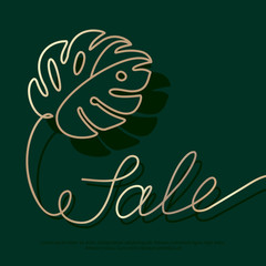 Sale banner with green tropical monstera leaf on the dark green background. Gold lettering on the summer poster. © Sini4ka
