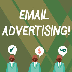 Word writing text Email Advertising. Business photo showcasing act of sending a commercial message to target market Businessmen Each has their Own Speech Bubble with Optimization Cost Icons