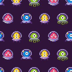 Aliens seamless pattern vector, galaxy invaders wearing protective costumes. Monsters with eyes and tentacles, pixel art gama space theme flat style