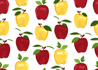 Apple seamless pattern on white background. Red and Yellow apples fruits vector illustration.
