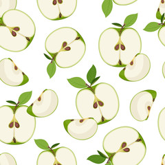 Apple slice seamless pattern dropping on white background. Green apples fruits vector illustration.