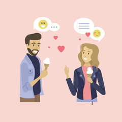 Fototapeta na wymiar Man and woman characters speaking, people holding ice-cream, closeup and portrait view of couple on pink, dating online, heart and smile icons vector