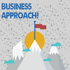 Text sign showing Business Approach. Business photo text long term plan of action designed to achieve a target goal Three High Mountains with Snow and One has Blank Colorful Flag at the Peak