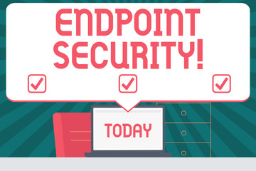 Handwriting text writing Endpoint Security. Conceptual photo the methodology of protecting the corporate network Blank Huge Speech Bubble Pointing to White Laptop Screen in Workspace Idea