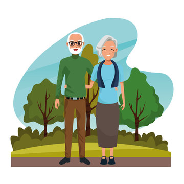 Grandparents couple smiling in nature cartoon