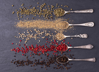 Various kinds of peppercorns in silver spoons on black stone background