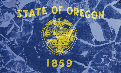 The national flag of the US state Oregon in against a gray wall with cracks and faults on the day of independence in colors of blue and yellow. Political and religious disputes, customs and delivery.