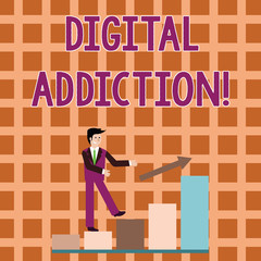Word writing text Digital Addiction. Business photo showcasing disorder that involves the obsessive use of mobile devices Smiling Businessman Climbing Colorful Bar Chart Following an Arrow Going Up