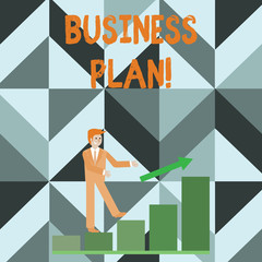 Writing note showing Business Plan. Business concept for the document setting out a business s is future objectives Smiling Businessman Climbing Bar Chart Following an Arrow Up