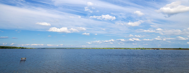 lake and blue sky, summer landscape, panoramic banner