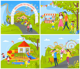 People having fun at amusement park vector, ferris wheel and attractions, carousel and decorations on playground, trees and natural rural area set