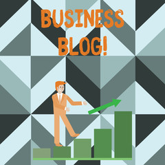 Writing note showing Business Blog. Business concept for Devoted to write about subject matter related to the company Smiling Businessman Climbing Bar Chart Following an Arrow Up