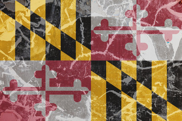 The national flag of the US state Maryland in against a gray wall with cracks and faults on the day of independence in black, red and yellow. Political and religious disputes, customs and delivery.
