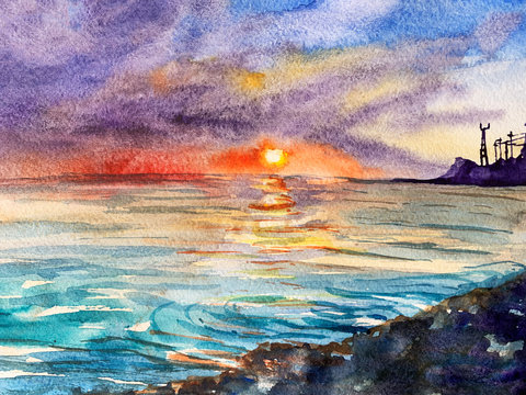 sunset over the sea watercolor illustration