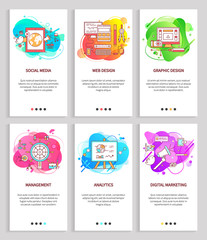 Fototapeta na wymiar Social media and web design vector, posters with text and abstract shapes, management and analysis digital information and tools for productivity. Website or app slider, landing page flat style